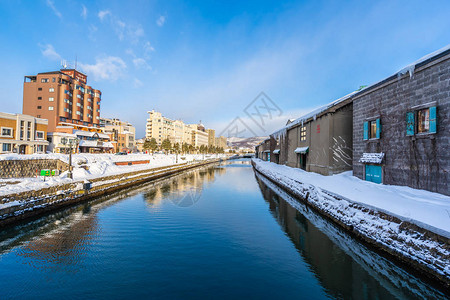 日本北海道冬季和雪季的大田运河风景美背景图片