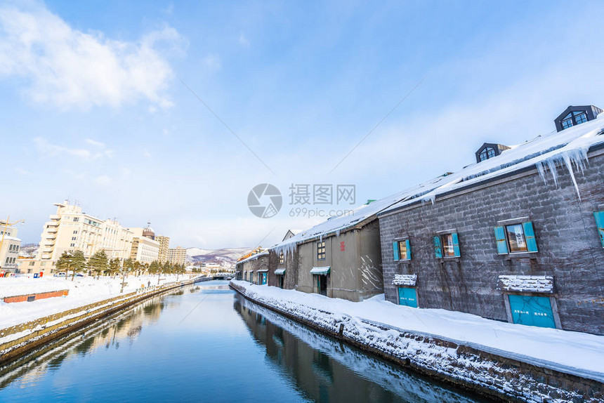 日本北海道冬季和雪季的大田运河风景美图片