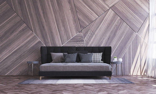 现代舒适的卧室内设计和木墙壁纹理图片