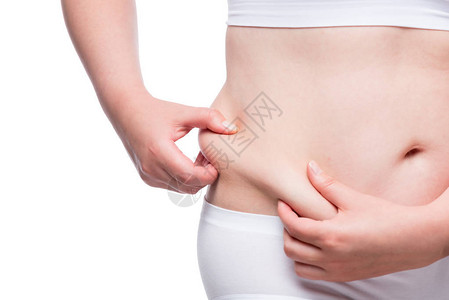 脂肪女人测量腹部的皮下脂肪层紧图片