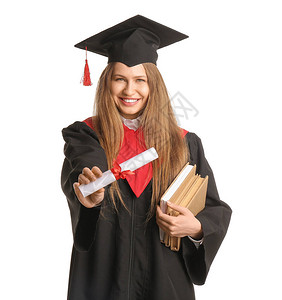 获得白人背景文凭的女毕业图片