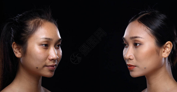 在应用化妆发型之前的亚洲女人图片
