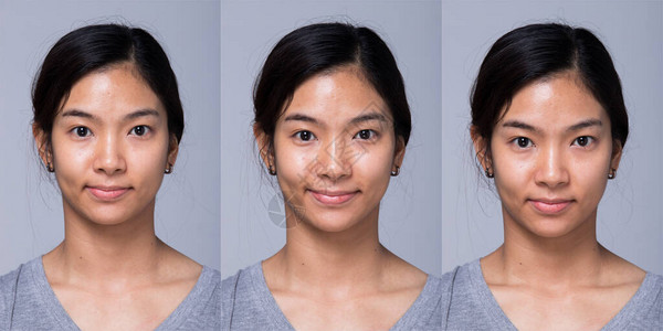 拼贴组在应用化妆发型之前包装亚洲女图片