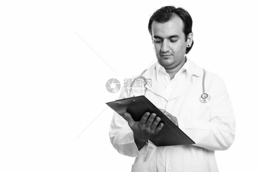 波斯人医生在白背景下以黑白和两图片
