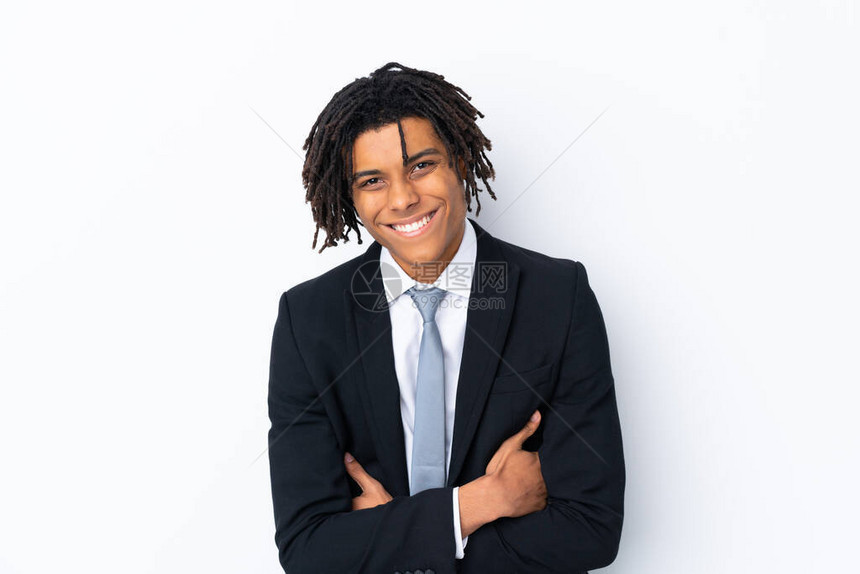 非裔美国青年商人在孤立的白人背景上笑了出来图片