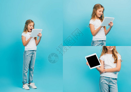 穿牛仔裤和白色T恤衫的女孩用蓝色数码平板纸并显图片