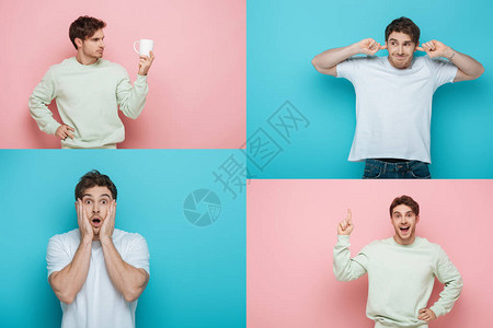 年轻男子拿着杯子用手指塞耳朵摸脸和在粉红和蓝色背景上展示思图片