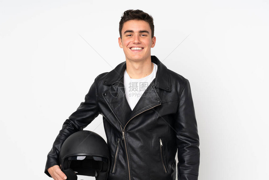 戴着摩托车头盔的男子在白人背景中被孤图片