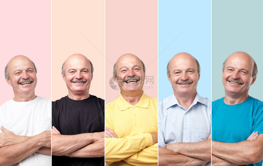 水平拼贴画肖像的不同衣服的老人笑着看相机微笑尝试不图片