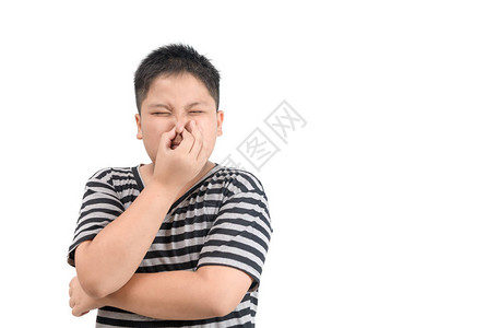 患肥胖的男孩拿着鼻子因为一种臭味孤立在白色背景图片