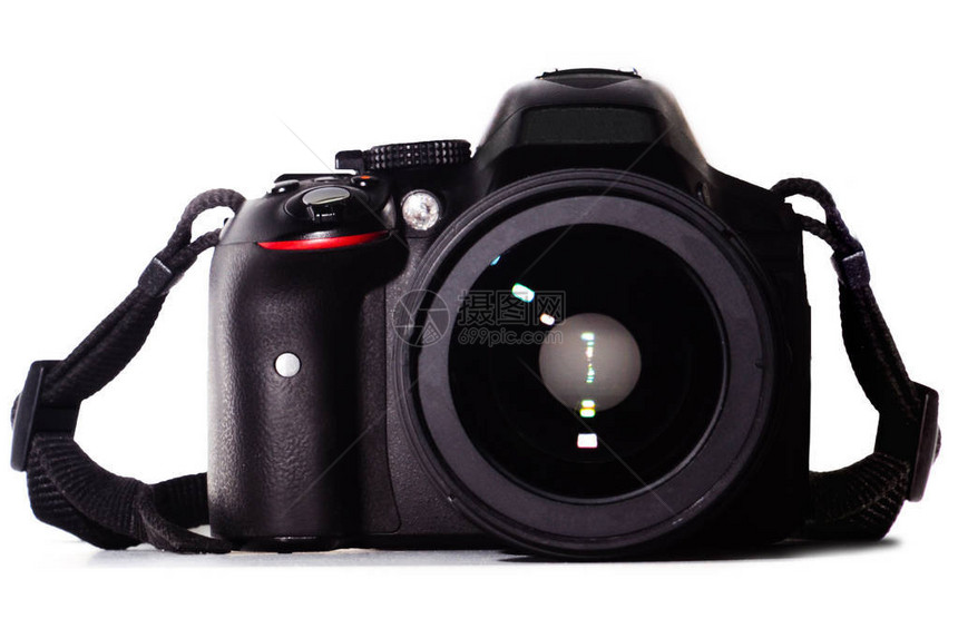 DSLR带镜头的摄影相机和白色背景图片