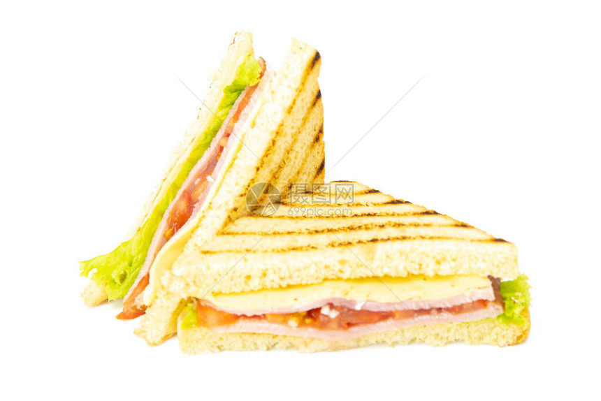 含火腿奶酪西红柿生菜和烤面包的桑威奇三明治白底面图片