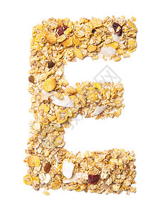 燕麦葡萄干英文字母Muesli的字母E与椰子浆果葡萄干谷物和天然谷物在白色孤立的背景由格兰诺拉麦片制成的食物图案商店插画