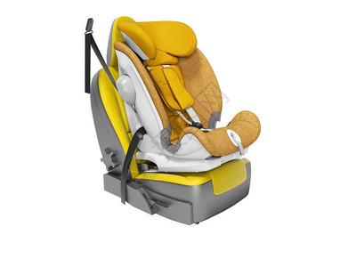 黄色汽车座椅上带有isofix的橙色婴儿汽车座椅3d在白色背景图片