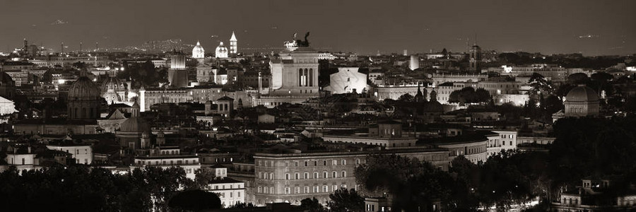 罗马屋顶全景与天线和古老建筑在意大利的夜晚图片