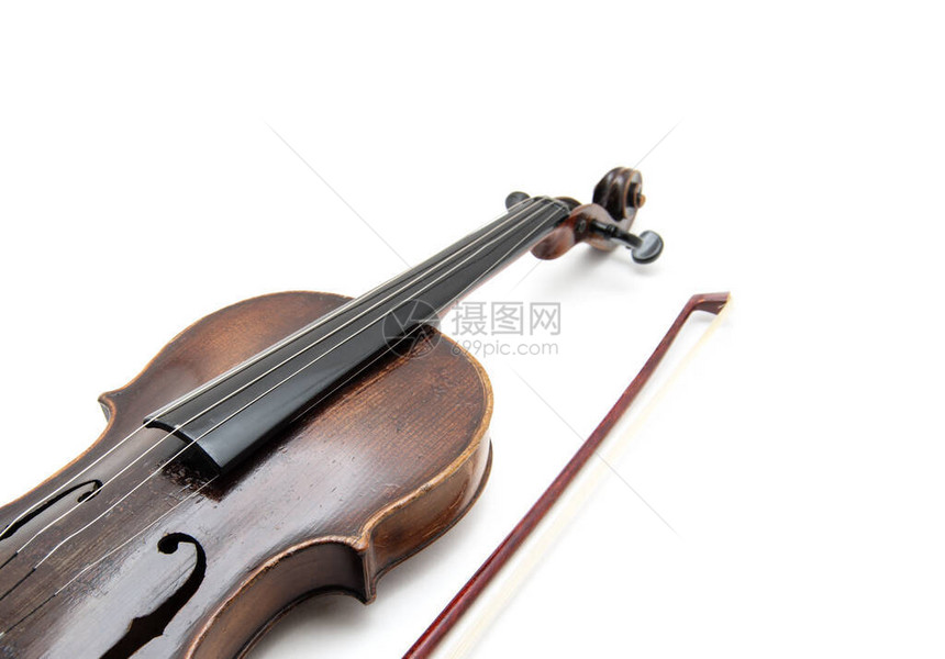 白色背景上的小提琴和弓图片