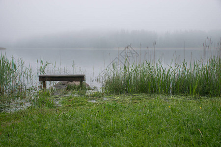 神秘的雾图白雾的湖景前景的木凳模图片