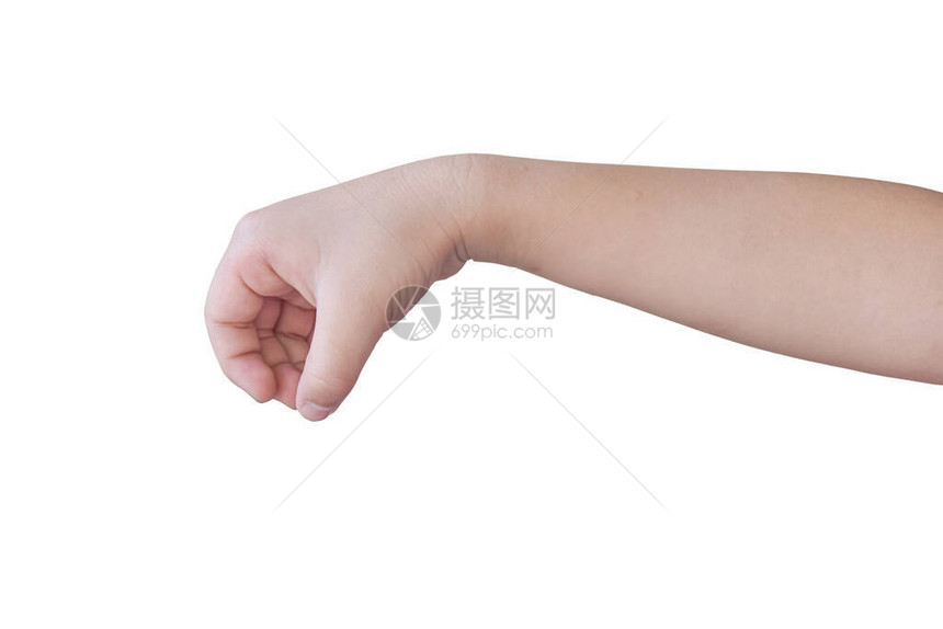 女孩的手表展示出在白色背景上孤立的手势抓捕图片