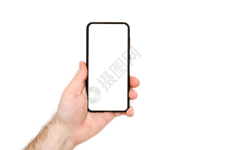 男手握着白色背景上的现代黑色智能手机白色显示不同的想法空白色的图片