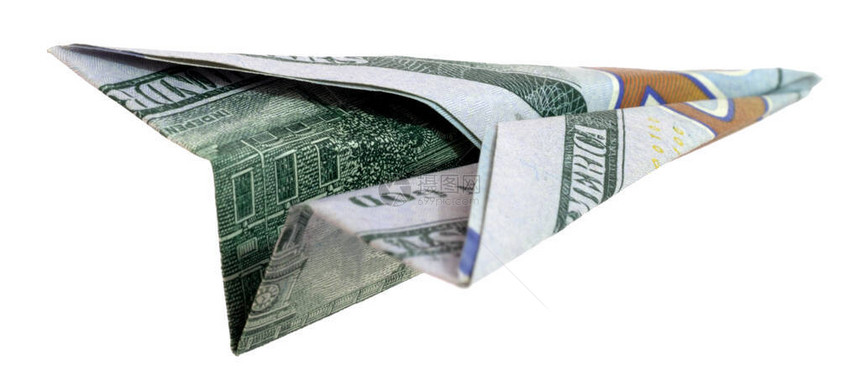 用美国货币制成的纸飞机水平的孤立的图片