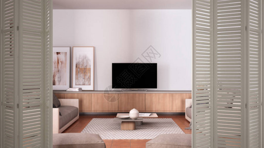 舒适的鸽灰色和米色客厅设有白色折叠门图片