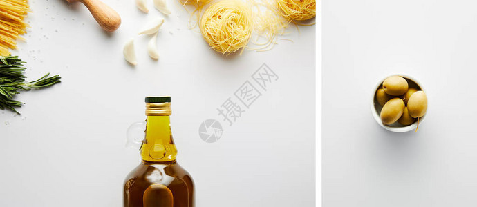 将一瓶橄榄油意大利面大蒜迷迭香和碗水以及白底的橄图片