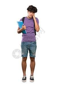 一名青年学生男子因孤立的白色背景头痛而图片