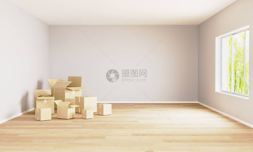 空荡的房间里有移动的盒子和窗户移动的概念样机的房间3d渲染有浅色墙壁和图片