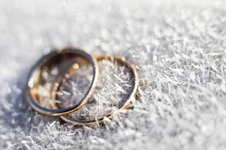 雪地上的两个结婚戒指图片