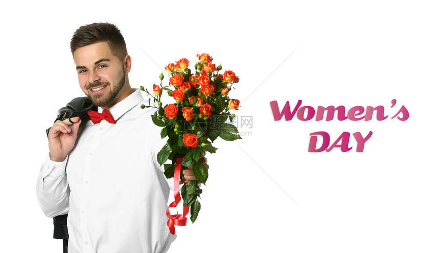 白背景鲜花的英俊男子国际妇女节庆祝活动图片