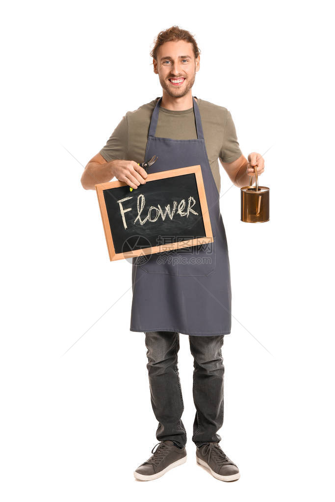 男花店家用白色背景的FLOWER字持有图片