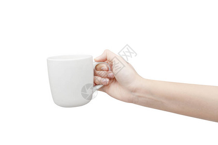 咖啡杯在手边白色背景与图片