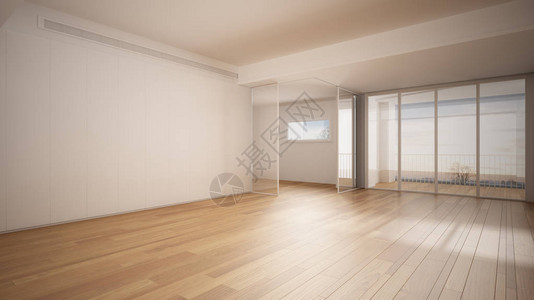 空荡的室内设计带白墙和镶木地板的开放空间现代建筑全景窗户晨光带复背景图片