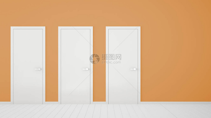 空荡的橙色房间室内设计与封闭的门框门把手木白色地板具有复制空间的选择决定选择图片