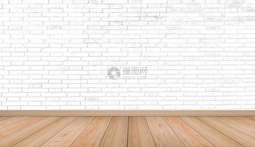白色砖墙纹理和棕色木地板图案的空室内空房图片