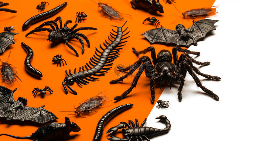 黑色万圣节令人毛骨悚然的爬虫和橙色背景中的蜘蛛图片