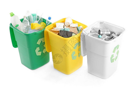 白色背景上有不同类型垃圾的集装箱回收概图片