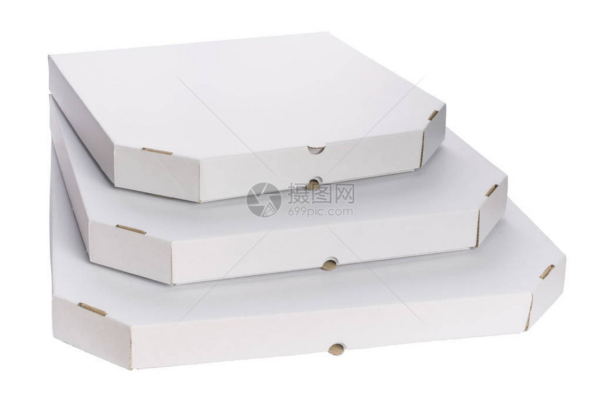 关闭白色背景上孤立的披萨三张空不同大小盒图片