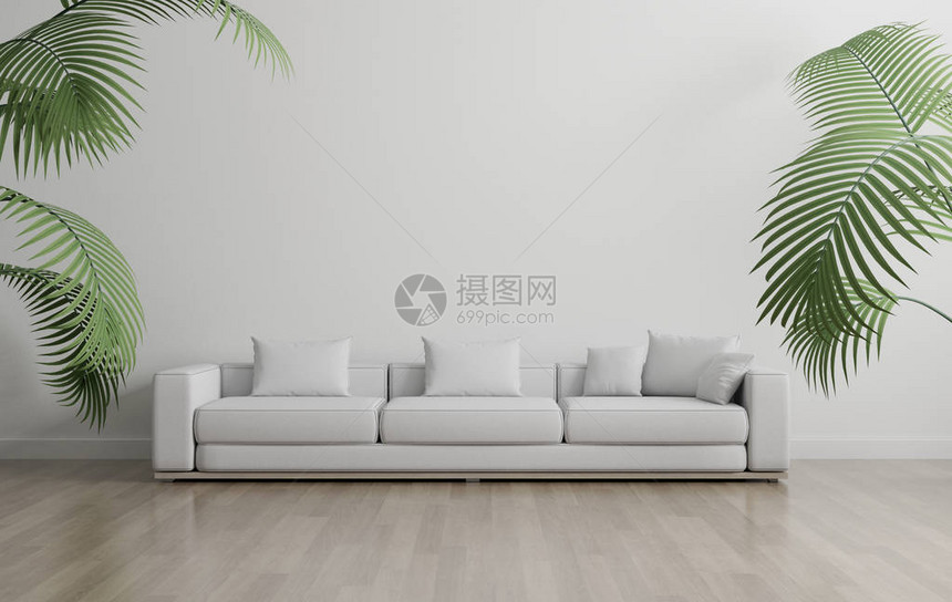 用白色墙上的小型植物模拟沙发现代内地设计的观图片