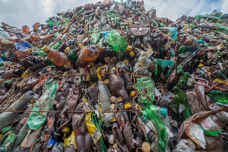 在垃圾填埋场中堆积成山的塑料瓶图片