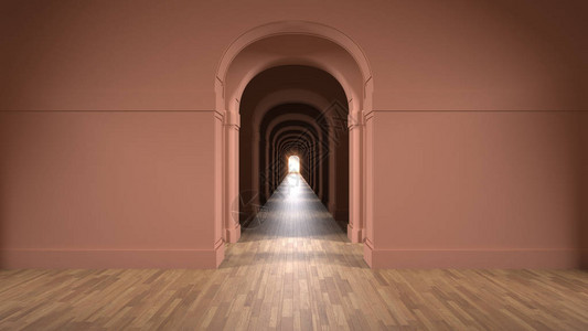 空荡的橙色建筑内部有无限的拱门无尽的门口走廊走道迷宫图片