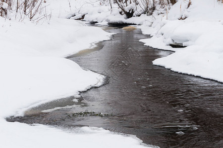 河流和森林的雪冬景观图片