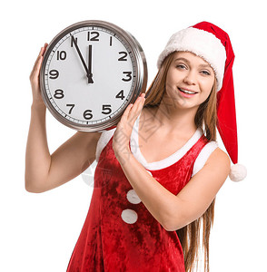 穿着圣诞装扮的年轻女子和白的钟表图片