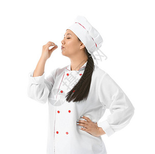 白色背景的美丽亚洲厨师图片