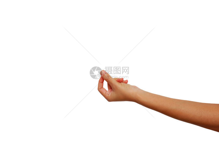 亚裔女表演的左手在白背景上孤立的手势被呼图片