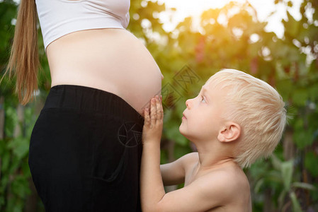 金发小男孩抚摸着怀孕母亲的肚图片