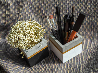 化妆工具组装和以立方体形状的干花混凝土容图片