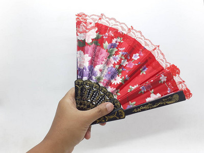 木制竹丝折扇中式日本复古风格手工彩色蜡染图案手扇带织物袖子和流苏家居装饰派对婚插画
