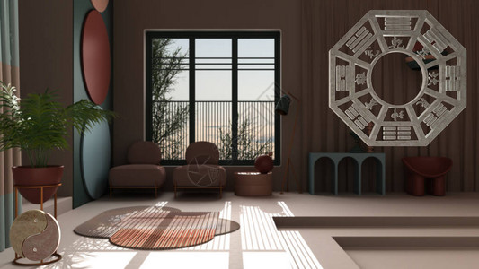 室内设计项目与风水咨询柔和的色彩抽象对经典客厅八卦和道符号阴阳极字母图片