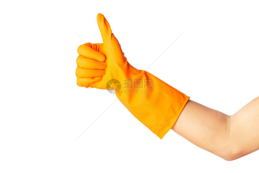 人类的手戴着保护橙色橡胶手套图片